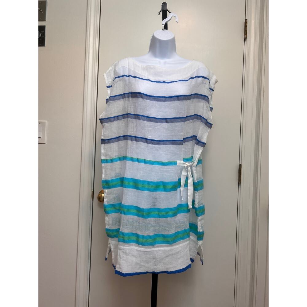 Lemlem Cotton Tunic Cover-Up White Blue Turquoise Stripes Sz Small Front Tie
